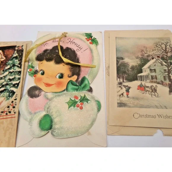 Vintage MCM Christmas Greeting Card Cute Girl Glitter Muff Happy New Year & more - Picture 6 of 16